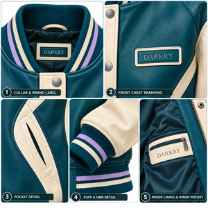 Blouson universitaire en cuir véritable pour femme, vert sarcelle, manches contrastantes crème, col côtelé rayé, boutons-pression, style Letterman, veste bomber - Product Image 6