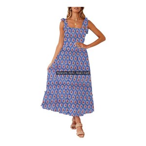 Robe d'été décontractée pour femmes, en coton imprimé à la main, à motifs floraux, style ethnique indien, bretelles spaghetti, vêtements d'Inde et du Pakistan - Product Image 5