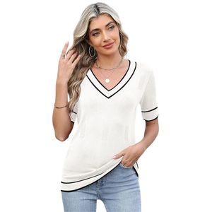 Pull à col en V pour femme, manches courtes, tricot léger, hauts printemps-été avec boutons décoratifs - Product Image 2