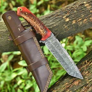 Cuchillo Tanto de Hoja Fija de Acero de Damasco Forjado Nórdico OEM Hecho a Mano con Mango de Piña y Espiga Completa para Caza y Camping - Product Image 4