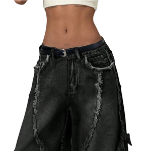 Vaqueros anchos de cintura alta para mujer, transpirables, estilo vintage, lavado enzimático, con costuras deshilachadas, ajuste holgado, estilo urbano, casual, de largo completo. - Product Image 3