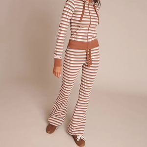 Conjunto de 2 Piezas de Punto con Capucha a Rayas para Mujer, Pantalones Largos, Estilo Casual, Holgado, Transpirable, de Algodón, para Todas las Temporadas, 2026 - Product Image 5