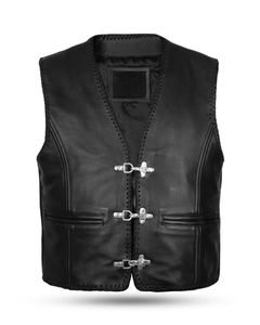 Gilet en cuir de motard Premium Fish Hook pour hommes, noir, avec fermeture éclair avant, sans manches, design minimaliste - Product Image 1