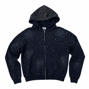 Sweat à capuche zippé personnalisé en coton épais 100% pour homme, délavé soleil, broderie strass, style streetwear - Product Image 4