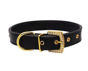 Collar de cuero negro sólido para perros y mascotas con hebilla de metal de latón de diamante de cristal ostentoso personalizado por el fabricante - Product Image 2