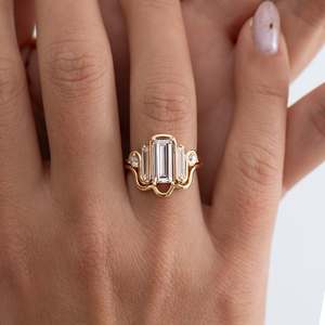 Women's Yellow Gold Emerald Cut Moissanite Ring Classic Engagement Style with Baguette Side <b>Stones</b> Luxury Anniversary Gift - Product Image 5