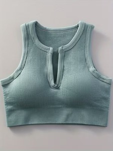 Notched Scoop <b>Neck</b> Seamless Exercise Crop Top Ribbed Underband Lift Training Bra <b>Padded</b> Wirefree Athleisure Running Vest - Product Image 1