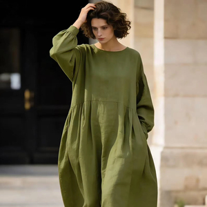 Robe maxi en coton jaune moutarde à manches longues, coupe ample, style bohème décontracté pour femmes avec poches - Product Image 1
