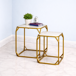 Premium Cast Aluminum Bar <b>Table</b> Set Geometric Frame Design <b>Marble</b> Look Tops Compact <b>Nesting</b> Style Durable Modern Luxury Accent - Product Image 1