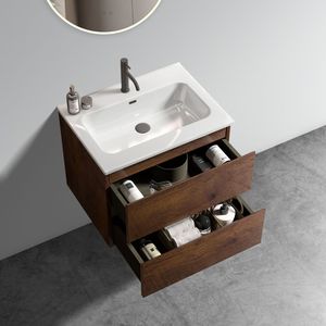 Moderno Mueble de Baño Flotante de Nogal de 24 Pulgadas con Gran Espacio de Almacenamiento, Lavabo de Cerámica y un Orificio para Grifo - Product Image 3