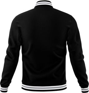Unisex Black Varsity Jacket White Stripe Trim Regular Fit Casual Winter Wear Turn-<b>down</b> Collar Polyester/Cotton Material Front - Product Image 3