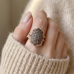Solid 18k Rose Gold Natural Brown Champagne Diamond Oval Dome Cocktail Ring Genuine White Halo Pave Cluster Statement Wedding - Product Image 3