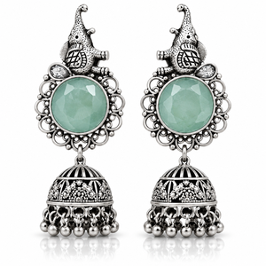 Grandes quantités de boucles d'oreilles pendantes Jhumka bohèmes en argent oxydé, serties de pierres, cadeau de mariage pour femmes, fournisseur en gros - Product Image 1