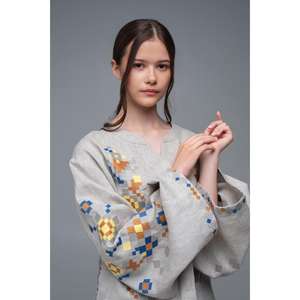 Blusa de Lino Gris para Mujer, Bordada, Estilo Étnico, Tejida a Mano, con Mangas Anchas - Product Image 2