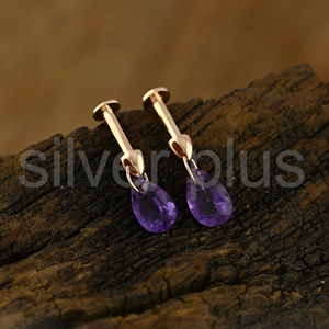Hot Arrival 18K Rose Gold Natural Amethyst Ear Flats Pear Drop Floating Mini <b>Studs</b> Solid with Wholesale Price for Earrings - Product Image 4