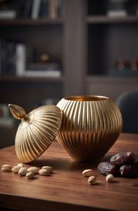 Luxury <b>Gold</b> Ribbed Metal Storage Jar With Pointed Finial Lid Date And Dry Fruit Container Tabletop Decor - Product Image 4