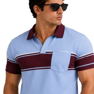 Ensemble polo et short pour homme bleu ciel et bordeaux, motif rayé avec poches, tenue décontractée d'été deux pièces, logo personnalisé, qualité supérieure - Product Image 4