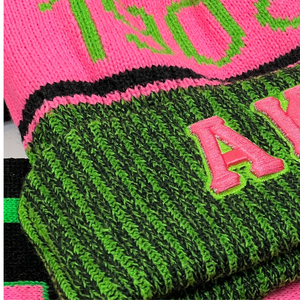AKA Black Scarf and One Hat Set Green Pink Embroidered Knit Winter Accessories Warm Beanie and Matching Scarf Casual Fashion - Product Image 5
