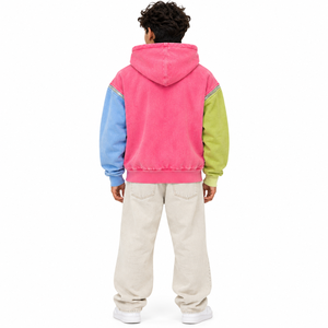 Custom Pink Acid Wash Color Block Full Zip Hoodie Heavyweight Fleece <b>Detachable</b> <b>Sleeve</b> Convertible Cropped Boxy OEM Streetwear - Product Image 6