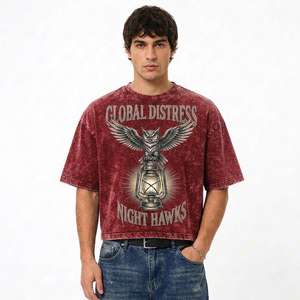 Camiseta Corta con Efecto Ácido para Hombre, Oversize, Manga Corta, Estampado Vintage, Algodón Jersey, Cuello Redondo, Estilo Urbano - Product Image 5