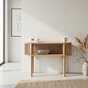 Solid <b>Wood</b> Living Room Cabinets Mid Century Modern Slatted Sideboard Oval Storage Credenza Handmade Wooden Entryway Console <b>Unit</b> - Product Image 4