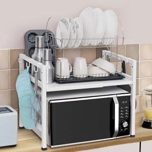 Estante de Cocina de Doble Nivel de Acero Inoxidable Blanco, Montado en la Pared, Escurridor de Platos, Diseño No Plegable, Ganchos Ajustables para Uso con Microondas - Product Image 1