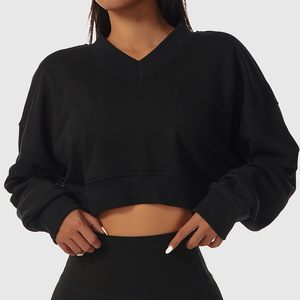 Sudadera Corta con Cuello en V Extra Grande para Mujer, Manga Larga, Color Sólido, Tejida, Informal, para Otoño - Product Image 2