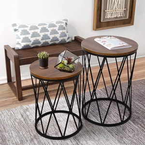 Best Price Handcrafted Modern Design <b>Side</b> <b>Table</b> Set 2 Powder Coated Iron Frame Natural Finished Wooden Top for Living Room Decor - Product Image 1