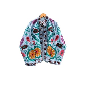 Women's Indian Floral Embroidery Velvet Fabric Jacket <b>Coat</b> with Cotton Lining Stand Collar for Autumn Party Wear - Product Image 1