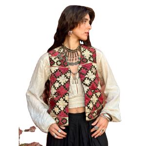 <b>Women's</b> Vintage Afghan Casual Outer Wear <b>Knitted</b> <b>Waistcoat</b> Embroidery Feathers Hooded Collar Zipper Closure Logo Decoration - Product Image 1