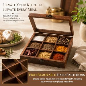 Caja de especias de madera con tapa de vidrio y nueve compartimentos para almacenamiento en la cocina, diseño tradicional tallado. - Product Image 4