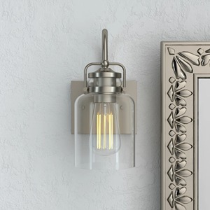 Industrial <b>Wall</b> <b>Sconce</b> with Clear Glass Shade Brushed Nickel Finish Rectangle Backplate Decorative <b>Lighting</b> Fixture - Product Image 2