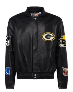 เสื้อแจ็คเก็ตหนังแท้ Green Bay Packers สีดำ สำหรับสวมใส่ในชีวิตประจำวัน ป้องกันลม เป็นมิตรกับสิ่งแวดล้อม - Product Image 1