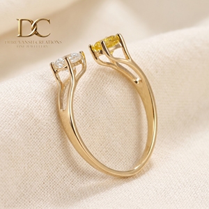 Bague ajustable en or jaune massif 14 carats avec diamant de laboratoire et saphir jaune, certifiée IGI, bijoux pour femmes - Product Image 3