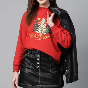 Women <b>Red</b> Christmas Sweatshirt Leopard Print Trees <b>Glitter</b> Embroidered Crew Neck Long Sleeve Winter Top - Product Image 3