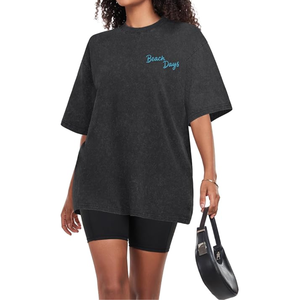 T-shirt ample à col rond et manches courtes noir pour femme, brodé, idéal pour les journées à la plage, décontracté, été, 100% coton jersey respirant - Product Image 2