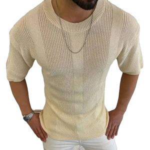 T-shirt en jersey tricoté à col rond et manches courtes pour homme, couleur unie, polyester/coton, respirant, pour un usage quotidien décontracté au printemps - Product Image 3