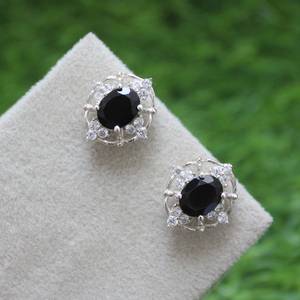 Oval Black Onyx Stud <b>Earrings</b> 925 Sterling Silver <b>Handmade</b> CZ Halo Elegant Jewelry Gift For Women Fashion <b>Earrings</b> - Product Image 4