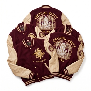 Wholesale Letterman Jacket <b>Maroon</b> Wool Varsity <b>Coat</b> Crystal Vault Gypsum Bloom Embroidery Cream Leather Sleeves Bomber Outerwear - Product Image 1