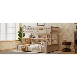 Lit superposé Twin XL sur Queen avec étagères intégrées, lumières à changement de couleur, panneau perforé beige – Lit de dortoir - Product Image 4