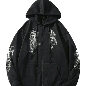 Sweat-shirt à capuche zippé gothique pour homme, coupe oversize, noir et blanc uni, manches régulières, en molleton bouclette respirant avec strass - Product Image 1