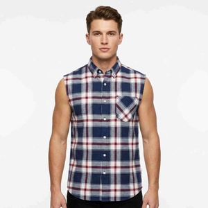 Premium Quality Sleeveless Plaid <b>Flannel</b> <b>Shirt</b> <b>Blue</b> Black Checkered Casual Button Down Collar Breathable Cotton Spring Men Tees - Product Image 1
