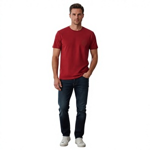 T-shirt tricoté rouge à manches courtes et col rond pour homme, coupe ample, couleur unie, style décontracté, 100 % coton, anti-boulochage, en tissu peigné - Product Image 6