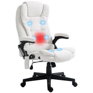 Poltrona da Ufficio Direzionale Comfort in Lino con Massaggio e Riscaldamento, Reclinabile, Braccioli Imbottiti Bianco Crema, Telecomando, Nylon - Product Image 1