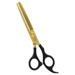 Últimas tijeras profesionales de peluquería con hoja chapada en oro y mango de plástico negro para texturizar el cabello - Product Image 1