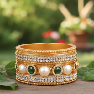 Bridal Gold Plated Matte <b>Bangle</b> <b>Set</b> with Pearl and Diamond Accents - Product Image 3