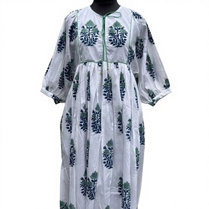 เดรสแม็กซี่พิมพ์ลายบล็อกสไตล์ลำลอง ผ้าฝ้าย 100% ชุดทูนิคสไตล์อินเดียสำหรับผู้หญิง ชุดฤดูร้อนประดับพู่ ทำด้วยมือ - Product Image 1