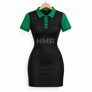 HMR Sorority Sisterhood ชุดเดรสคอโปโลสีดำสีเขียวสีตัดกันแขนสั้นทรงพอดีตัวมินิลำลองฤดูร้อน - Product Image 5