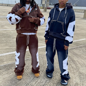 Custom <b>Embroidery</b> Logo Streetwear Pullover Vintage Hoodies Half Zipper Acid Wash Distressed Flared Sweatpants and Hoodie <b>Set</b> - Product Image 1