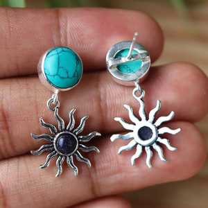 Wholesale Turquoise Lapis Lazuli Sun <b>Earrings</b> 925 <b>Sterling</b> <b>Silver</b> Handmade Celestial Gemstone <b>Dangle</b> <b>Earrings</b> for Women - Product Image 2